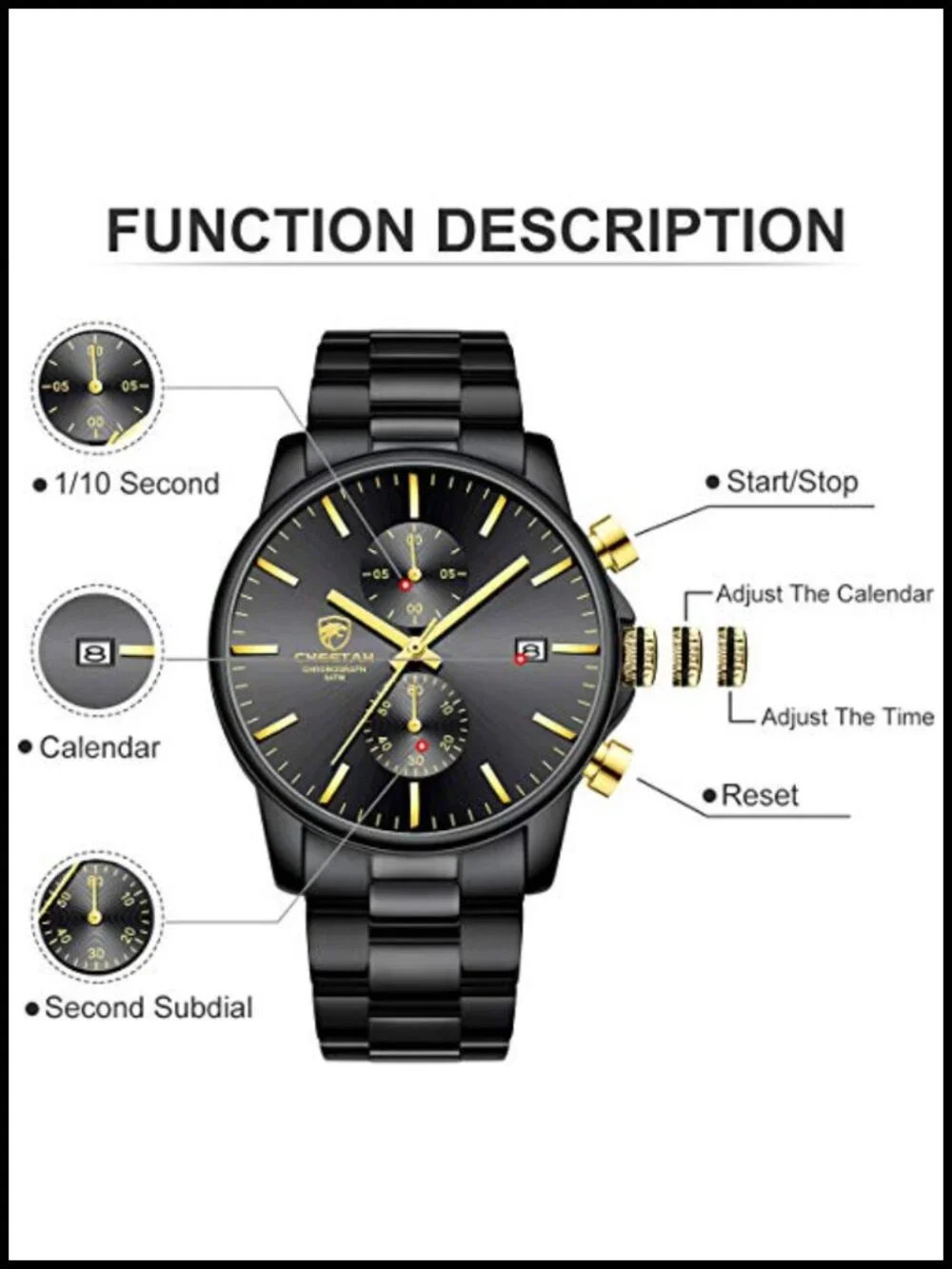 Mens Business Watch Stainless Steel Waterproof Chronograph Quartz Auto Date